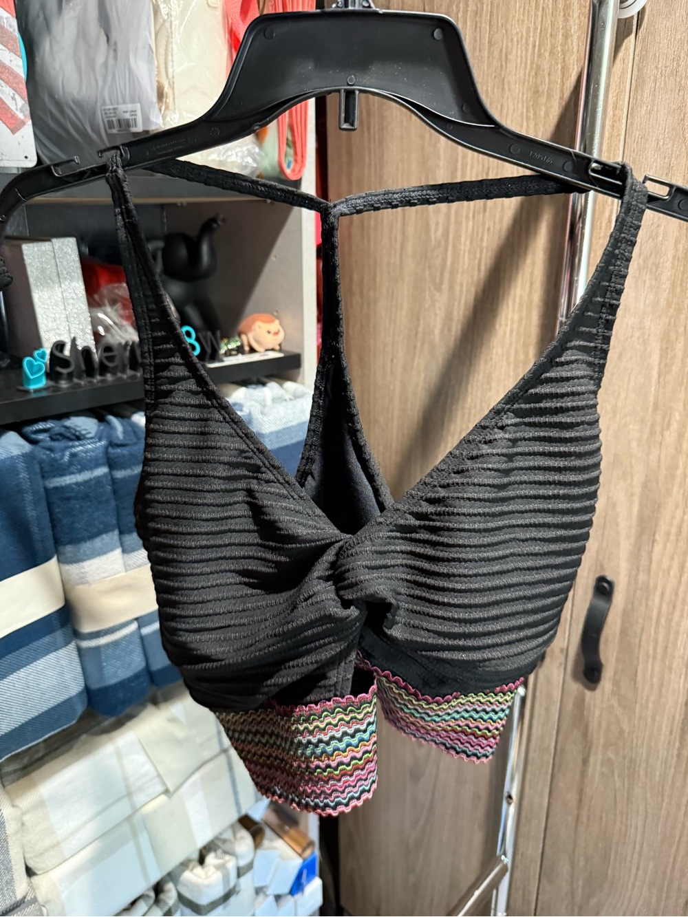 Black Ribbed Twist-Front Bikini with Multicolor Zigzag Trim. Size XL